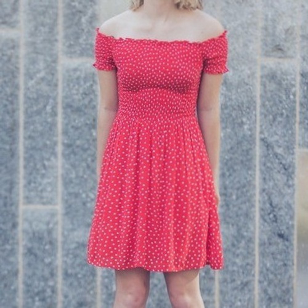 Divided H&M Women's Size 2 Off Shoulder Mini Dress Red White Polka Dots Smocked